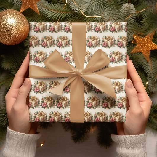 Papier Cadeau Red Poinsettia Coquette Gold Bow Noël