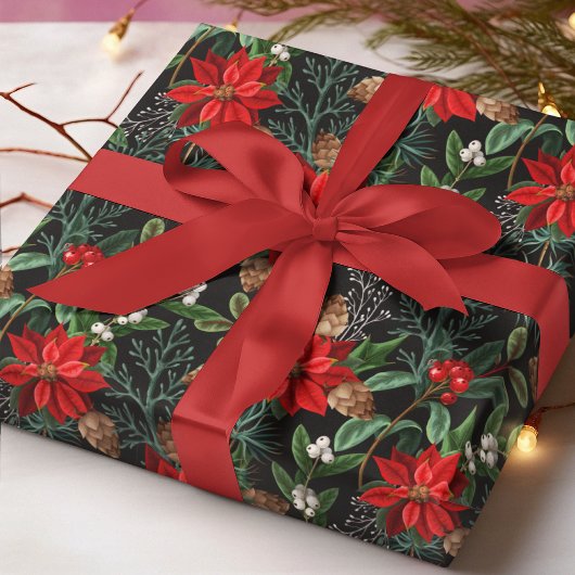 Papier Cadeau Red Poinsettia Winter Floral Christmas Pattern