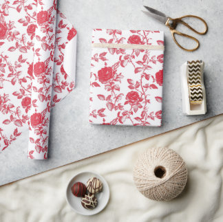 Papier Cadeau Red Roses on White Toile De Jouy
