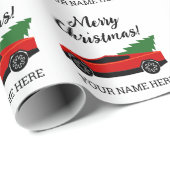 Papier Cadeau Red Tesla pickup truck with Christmas tree (Coin rond)