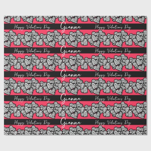 Papier Cadeau Red Valentine's Day Zebra Heart Motif ajouter Nom (Plat)