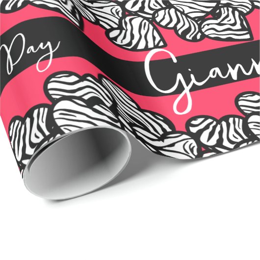 Papier Cadeau Red Valentine's Day Zebra Heart Motif ajouter Nom (Coin rond)