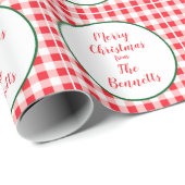 Papier Cadeau Red White Check MERRY CHRISTMAS Name (Coin rond)