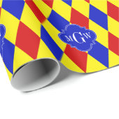 Papier Cadeau Red Yellow Blue Harlequin Quatrefoil 3 monogram (Coin rond)