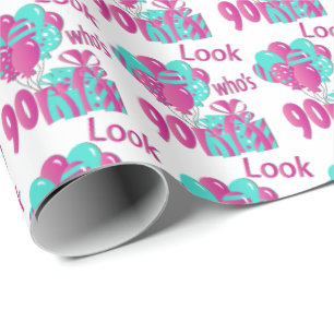 Papier Cadeau Regardez qui est 90 dans le rose et le Turquoise3