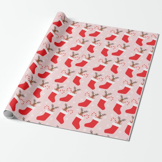 Papier Cadeau Reindeer de Noël Motif rouge blanc (Déroulé)