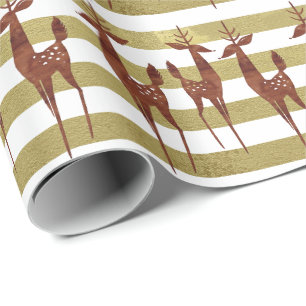 Papier Cadeau Reindeer élégant vintage or blanc rayé