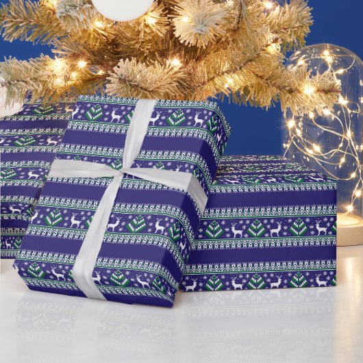 Papier Cadeau Reindeer Winter Fair Isle Motif en bleu foncé (Vacances)