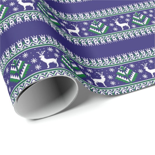 Papier Cadeau Reindeer Winter Fair Isle Motif en bleu foncé (Coin rond)