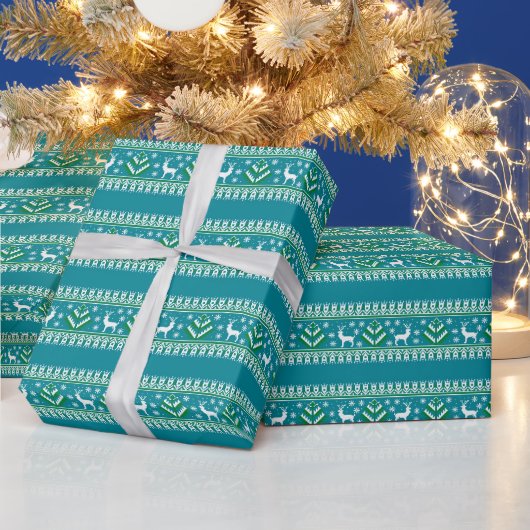 Papier Cadeau Reindeer Winter Fair Isle Motif en bleu Turquoise (Vacances)
