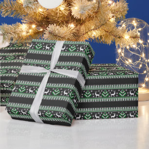 Papier Cadeau Reindeer Winter Fair Isle Motif en noir