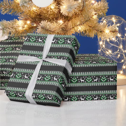 Papier Cadeau Reindeer Winter Fair Isle Motif en noir (Vacances)