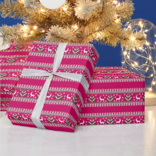 Papier Cadeau Reindeer Winter Fair Isle Motif en rose