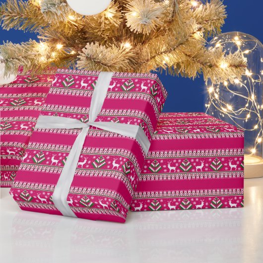 Papier Cadeau Reindeer Winter Fair Isle Motif en rose (Vacances)