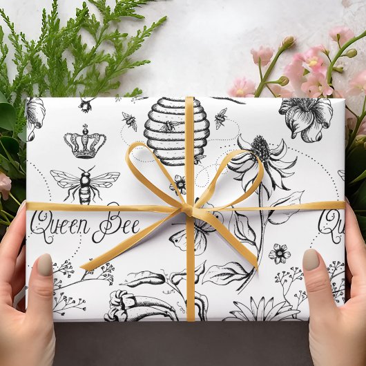 Papier Cadeau Reine de la Fête des Mères Abeille et Fleurs