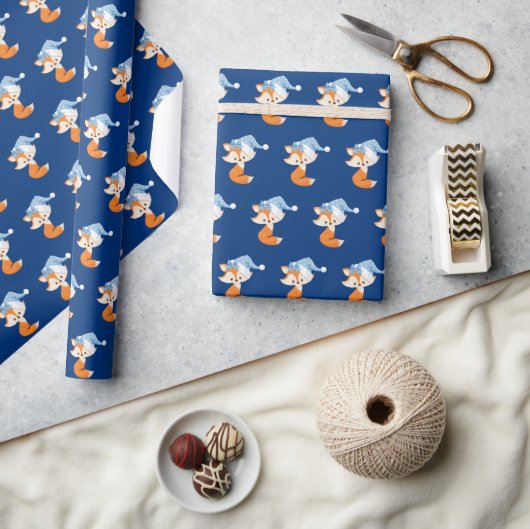 Papier Cadeau Renard adorable en Bleu Père Noël Enfants (Artisanat)