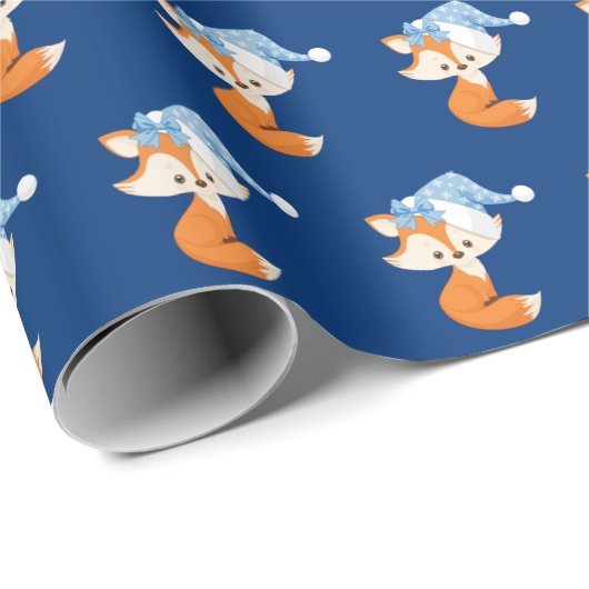 Papier Cadeau Renard adorable en Bleu Père Noël Enfants (Coin rond)
