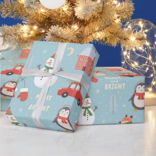 Papier Cadeau Renard amusant Bonhomme de neige Manchot et voitur