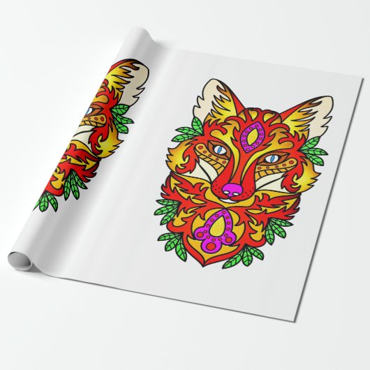 Papier Cadeau Renard boho art abstrait loup rouge violet blanc (Déroulé)