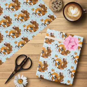 Papier Cadeau Renard Kitsune Fantaisiste Fleurs de Cerisier Bleu