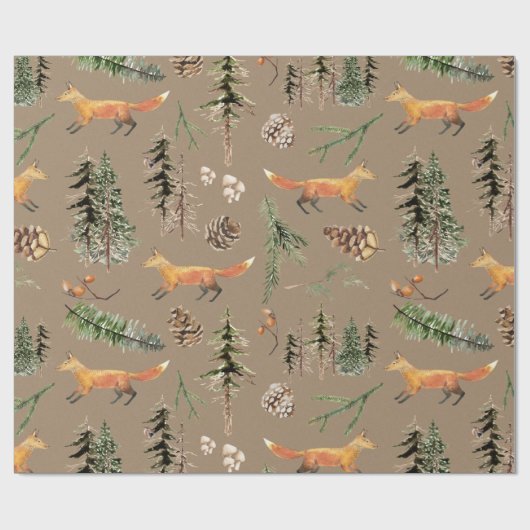 Papier Cadeau Renard Rouge Rustique Kraft Dans La Forêt Boisée (Plat)