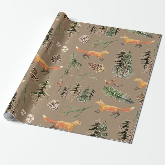 Papier Cadeau Renard Rouge Rustique Kraft Dans La Forêt Boisée (Déroulé)