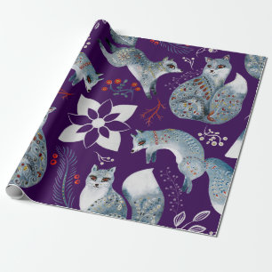 Papier Cadeau Renards bleus stylisés avec des motifs floraux com
