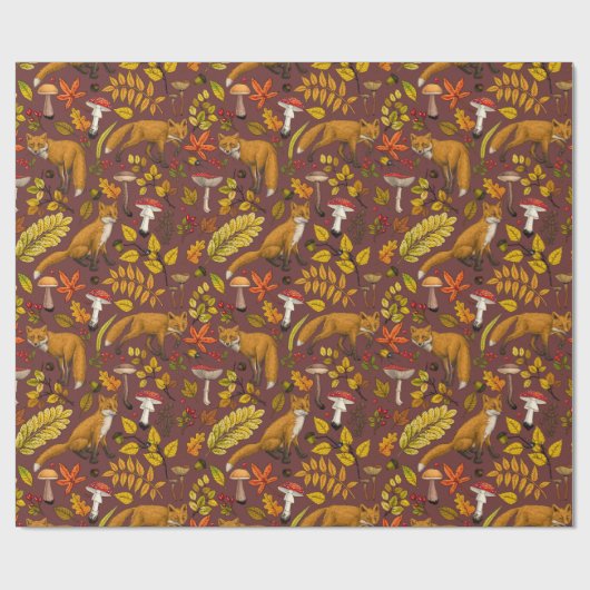 Papier Cadeau Renards d'automne sur chocolat brun (Plat)