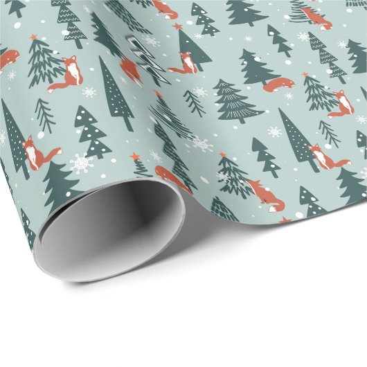 Papier Cadeau Renards, sapins, hiver, motif coloré (Coin rond)