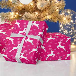 Papier Cadeau Renne de Noël d'hiver rose vif