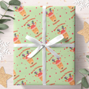 Papier Cadeau Renne de Noël Rouge Vert Nom Personnalisé