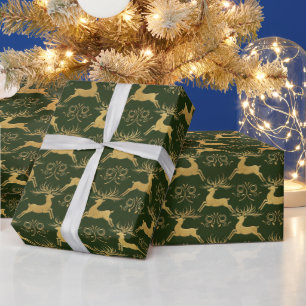 Papier Cadeau Renne en cuir doré de Noël vert