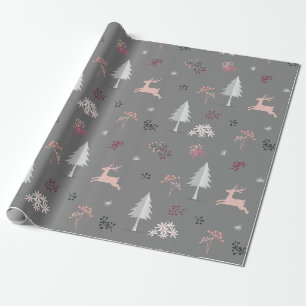 Papier Cadeau Renne Rose Pastel & Motif Bois Gris
