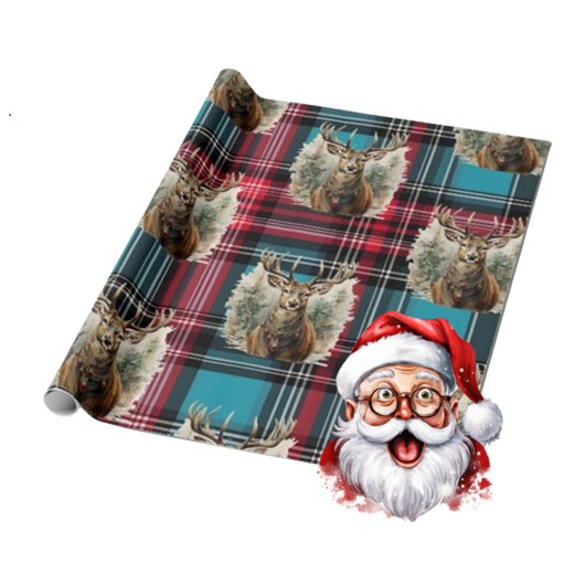 Papier Cadeau Rennes bleues de Noël Tartan
