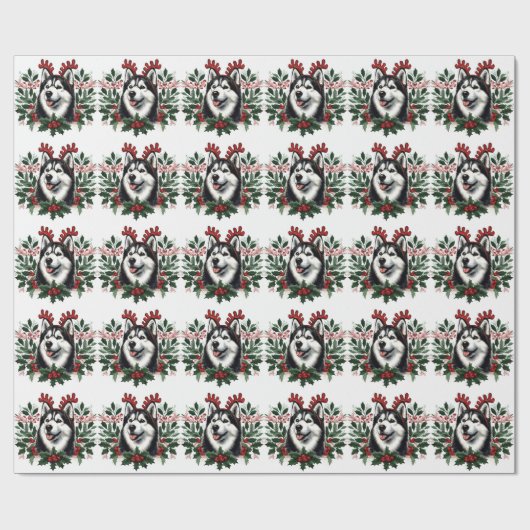 Papier Cadeau Rennes de fête Sibérie Husky Chien Noël (Plat)