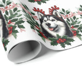 Papier Cadeau Rennes de fête Sibérie Husky Chien Noël (Coin rond)