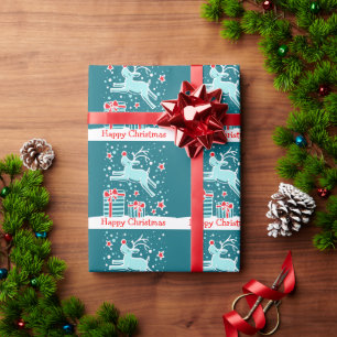 Papier Cadeau Rennes de Noël dans la neige envelopper aqua vacan