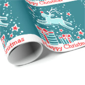 Papier Cadeau Rennes de Noël dans la neige envelopper aqua vacan (Coin rond)