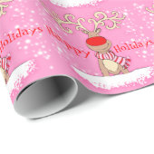 Papier Cadeau Rennes de Noël dans l'emballage de vacances rose n (Coin rond)