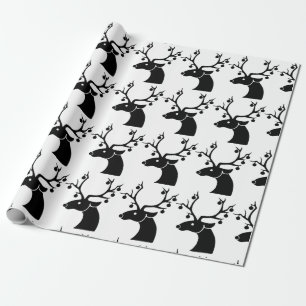 Papier Cadeau Rennes de Noël noir et blanc avec ornements