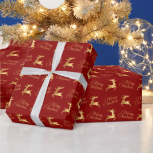 Papier Cadeau Rennes de Noël rouges et dorés