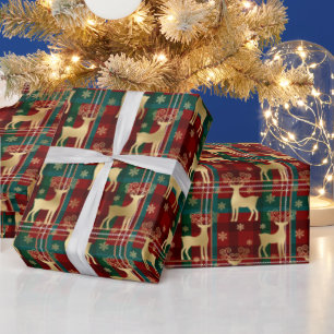 Papier Cadeau Rennes d'hiver et flocons de neige Tartan et feuil