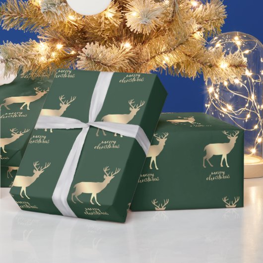 Papier Cadeau Rennes dorés Vert Joyeux Noël (Vacances)