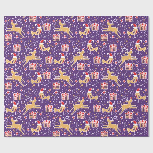 Papier Cadeau Rennes et oiseaux musicaux Enveloppement de Noël (Plat)