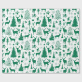 Papier Cadeau Rennes Forestières Blanches Et Vertes (Plat)