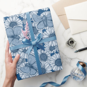 Papier Cadeau Ressort bleu, fleurs sauvages, marguerites envelop
