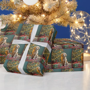 Papier Cadeau Retriever de Noël avec des cadeaux sous un arbre