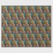 Papier Cadeau Retriever de Noël avec des cadeaux sous un arbre (Plat)