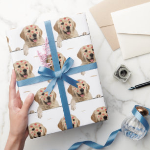 Papier Cadeau Retriever doré avec baisers au rouge à lèvres