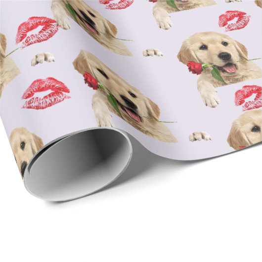 Papier Cadeau retriever doré avec rose et baisers (Coin rond)
